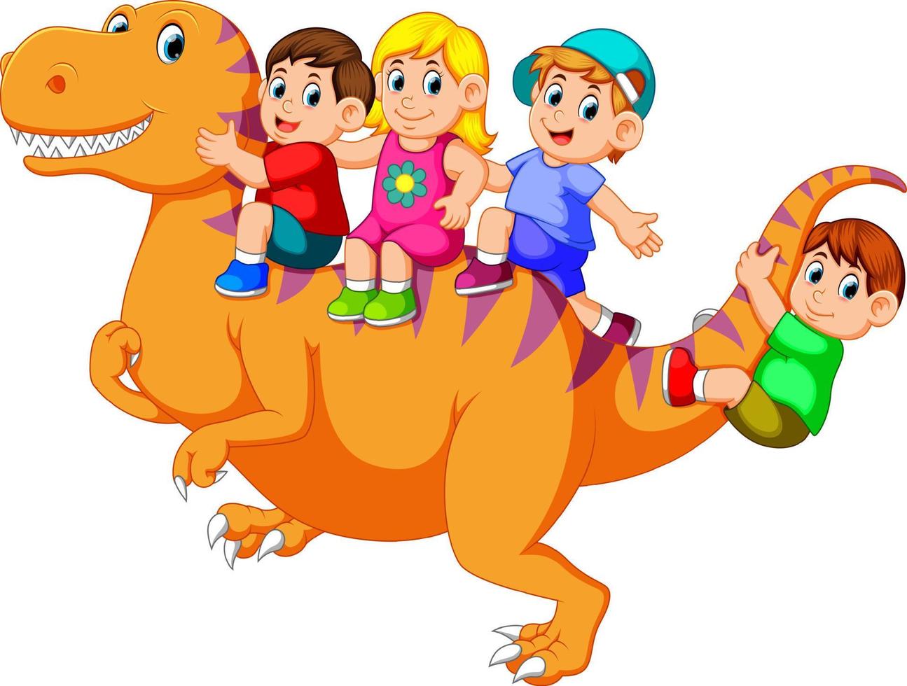 les enfants jouant et assis sur le corps du grand tyrannosaure rex et certains d'entre eux tenant sa queue vecteur