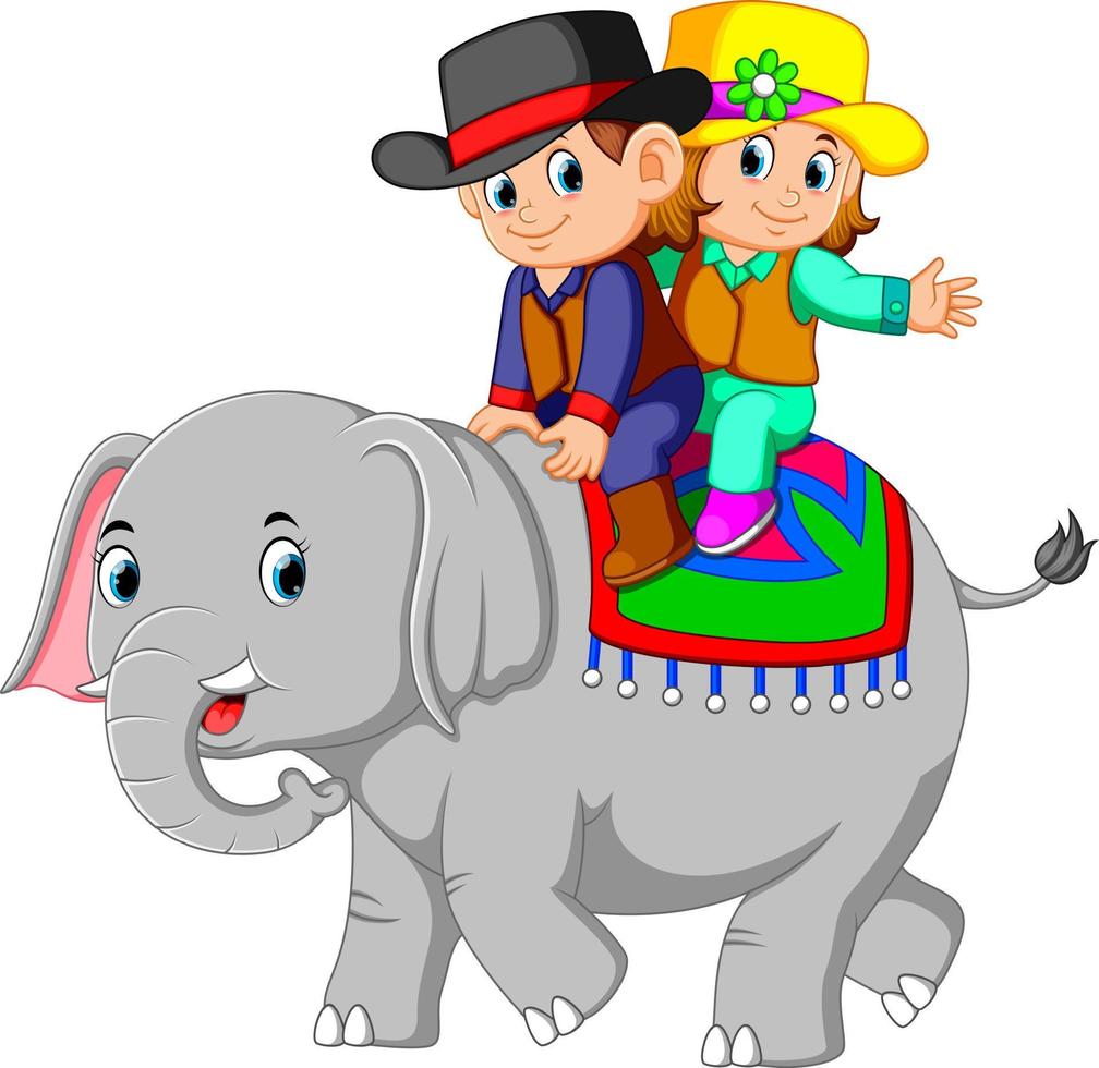 les enfants montent joyeusement des éléphants mignons vecteur