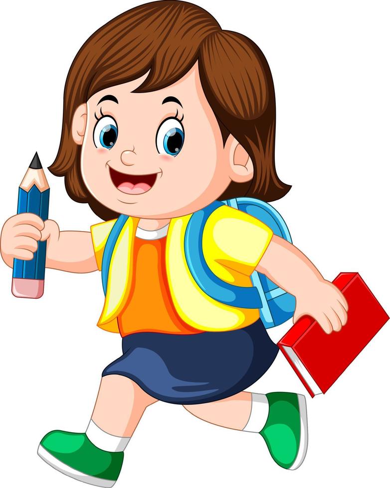 une écolière tenant un crayon avec des sacs à dos et des livres marchant vecteur