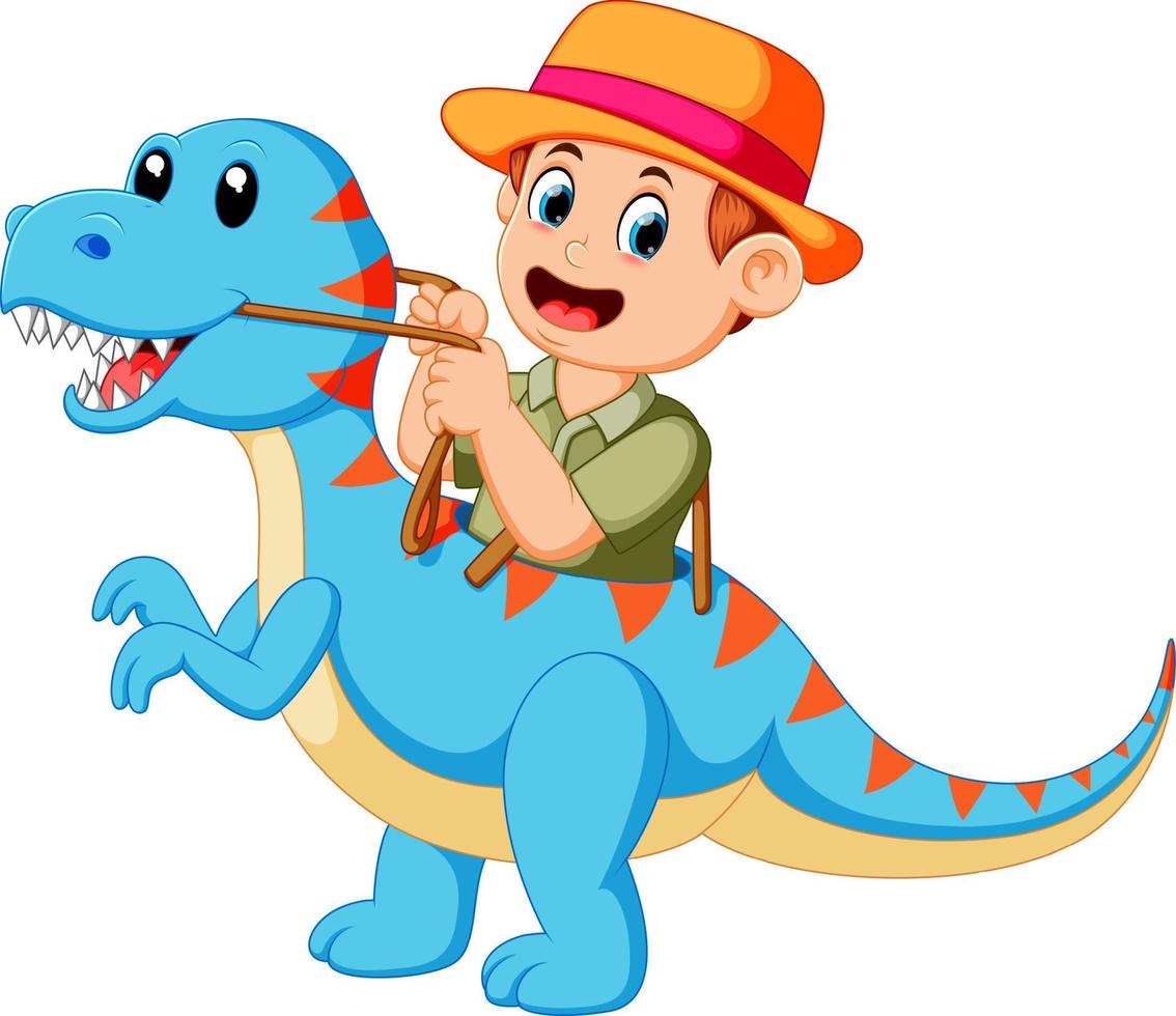 le garçon jouant et utilisant le costume de tyrannosaurus rex bleu vecteur