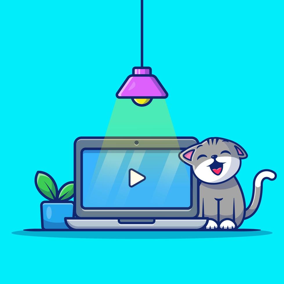 chat mignon avec ordinateur portable et illustration d'icône de vecteur de dessin animé de plante. concept d'icône de technologie animale isolé vecteur premium. style de dessin animé plat