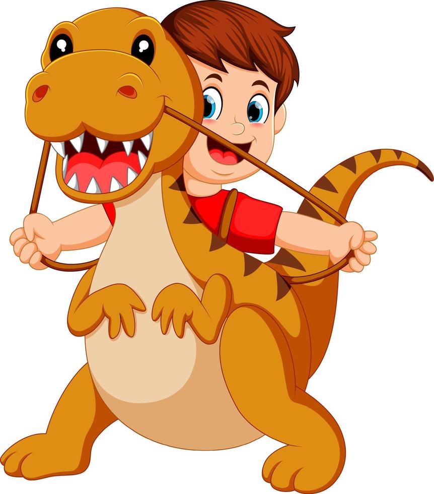 le garçon avec le tissu rouge utilisant le costume de tyrannosaurus rex et tire la corde vecteur