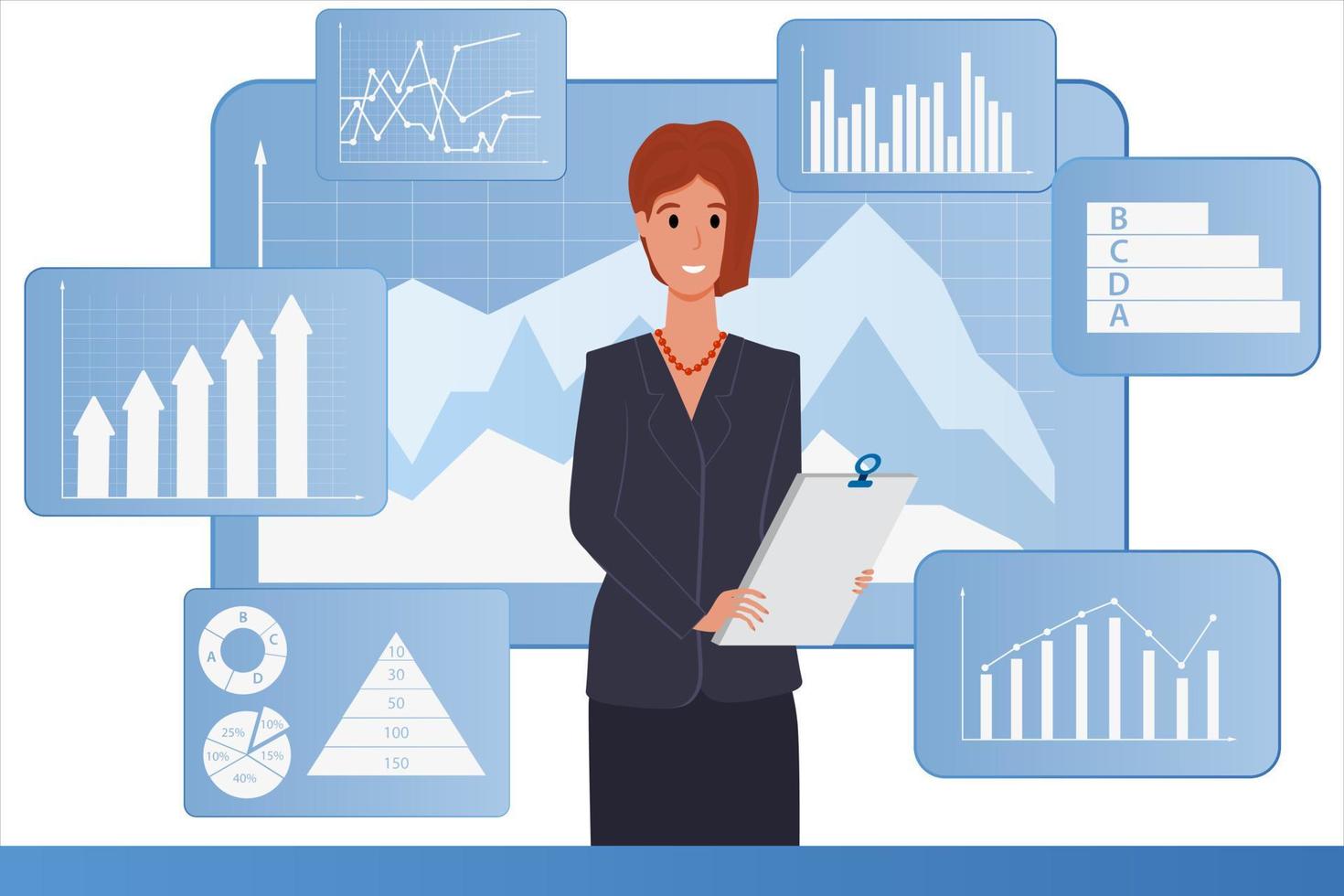 une femme travaille dans un bureau avec une infographie en arrière-plan. travail de bureau, coworking, étude de projets commerciaux. illustration vectorielle plate isolée sur fond blanc. vecteur