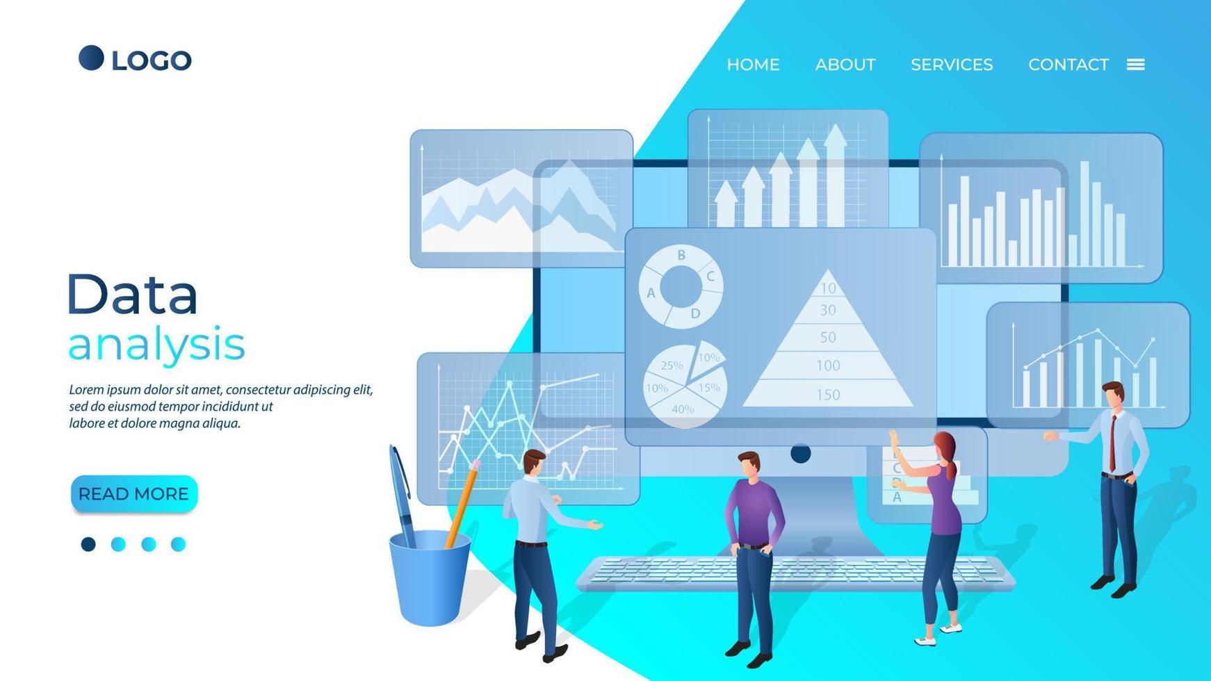 les hommes d'affaires analysent les données sur un ordinateur personnel.travail d'équipe,utilisation des technologies modernes.webinaire d'apprentissage en ligne pour les étudiants.formation vidéo en ligne.illustration isométrique.le modèle de la page de destination. vecteur