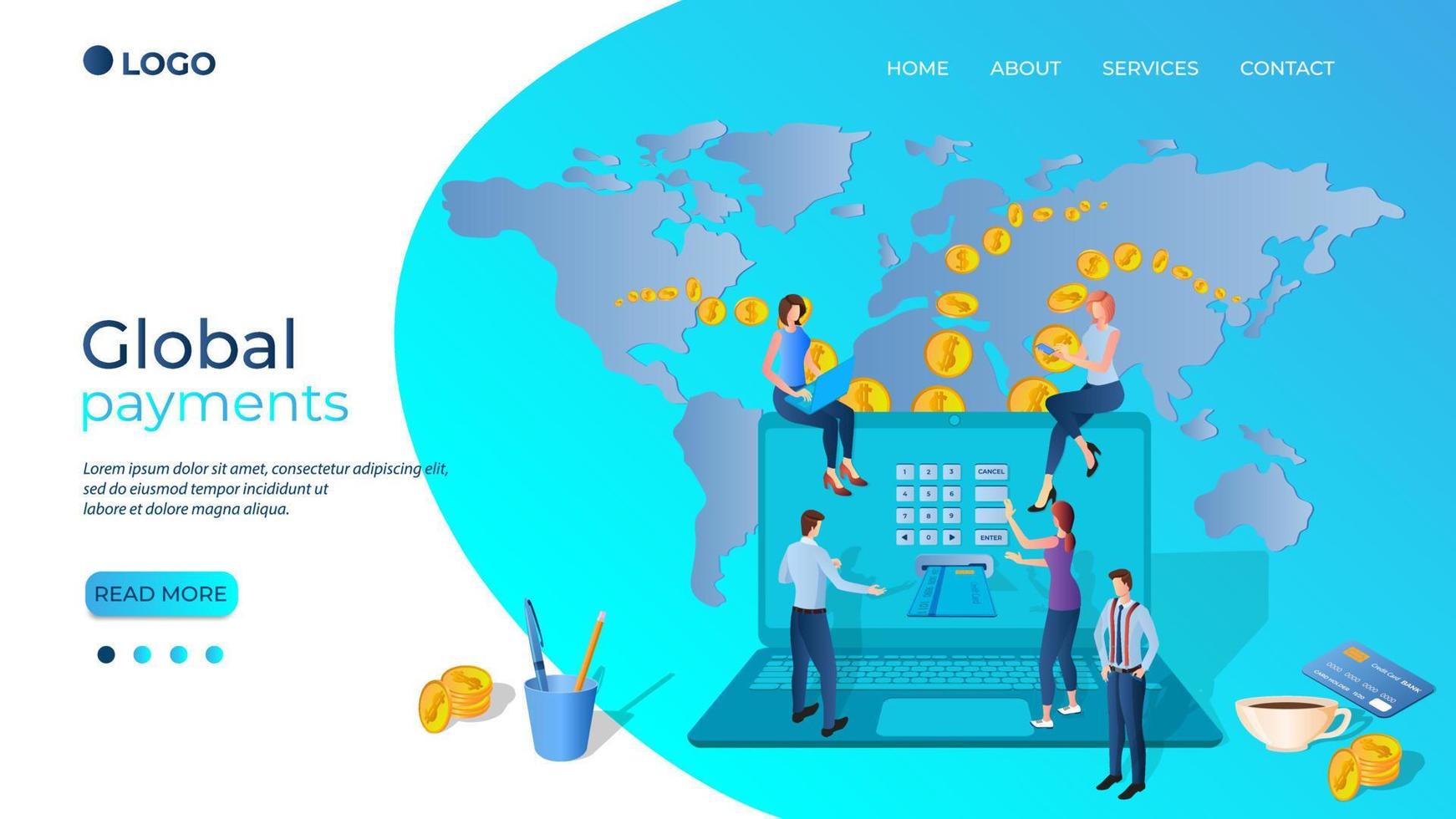 paiements en ligne mondiaux.les hommes d'affaires transfèrent de l'argent partout dans le monde.le concept de transferts d'argent rapides et sécurisés.illustration vectorielle isométrique.le modèle de la page de destination. vecteur