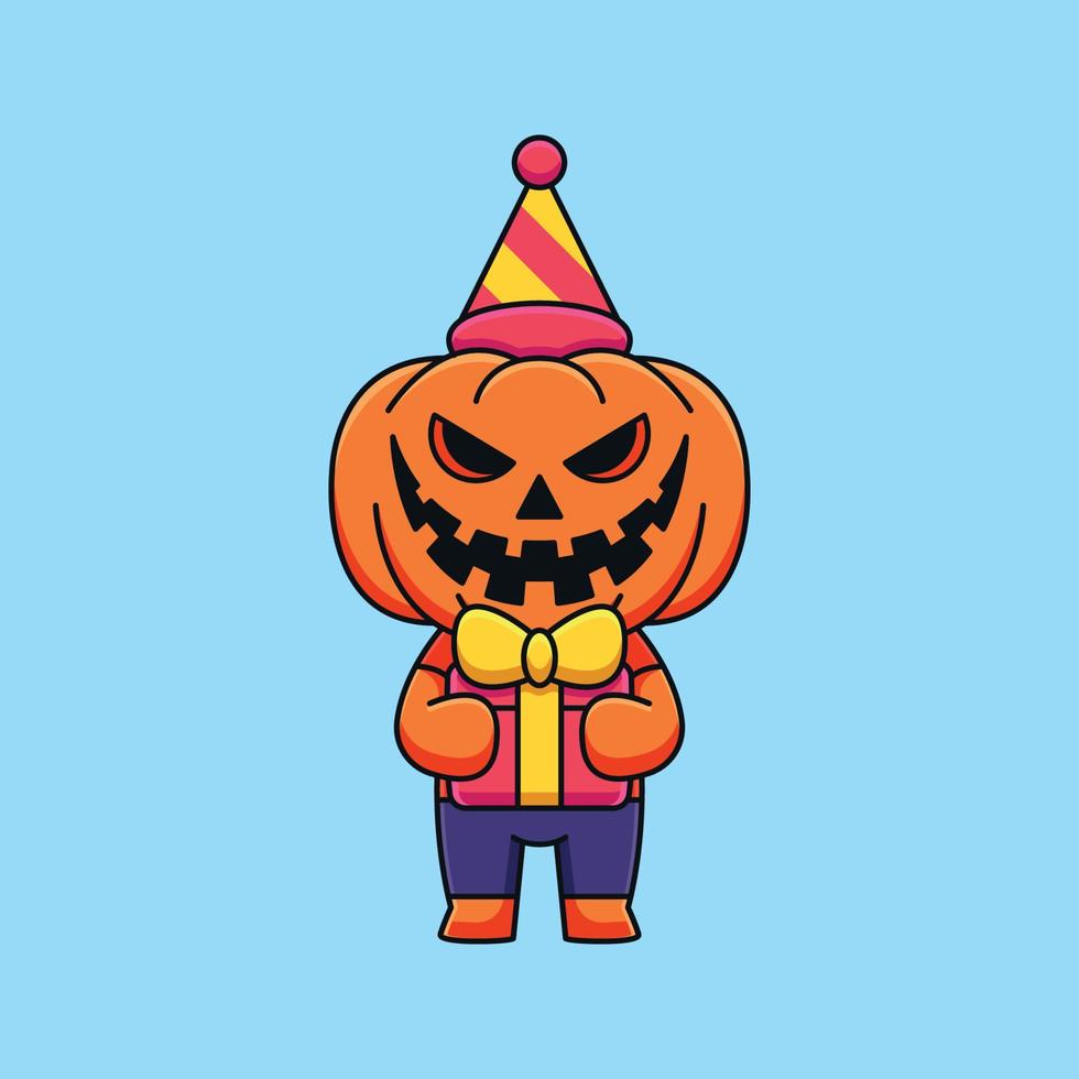 mignon anniversaire citrouille halloween dessin animé mascotte doodle art concept dessiné à la main vecteur kawaii icône illustration