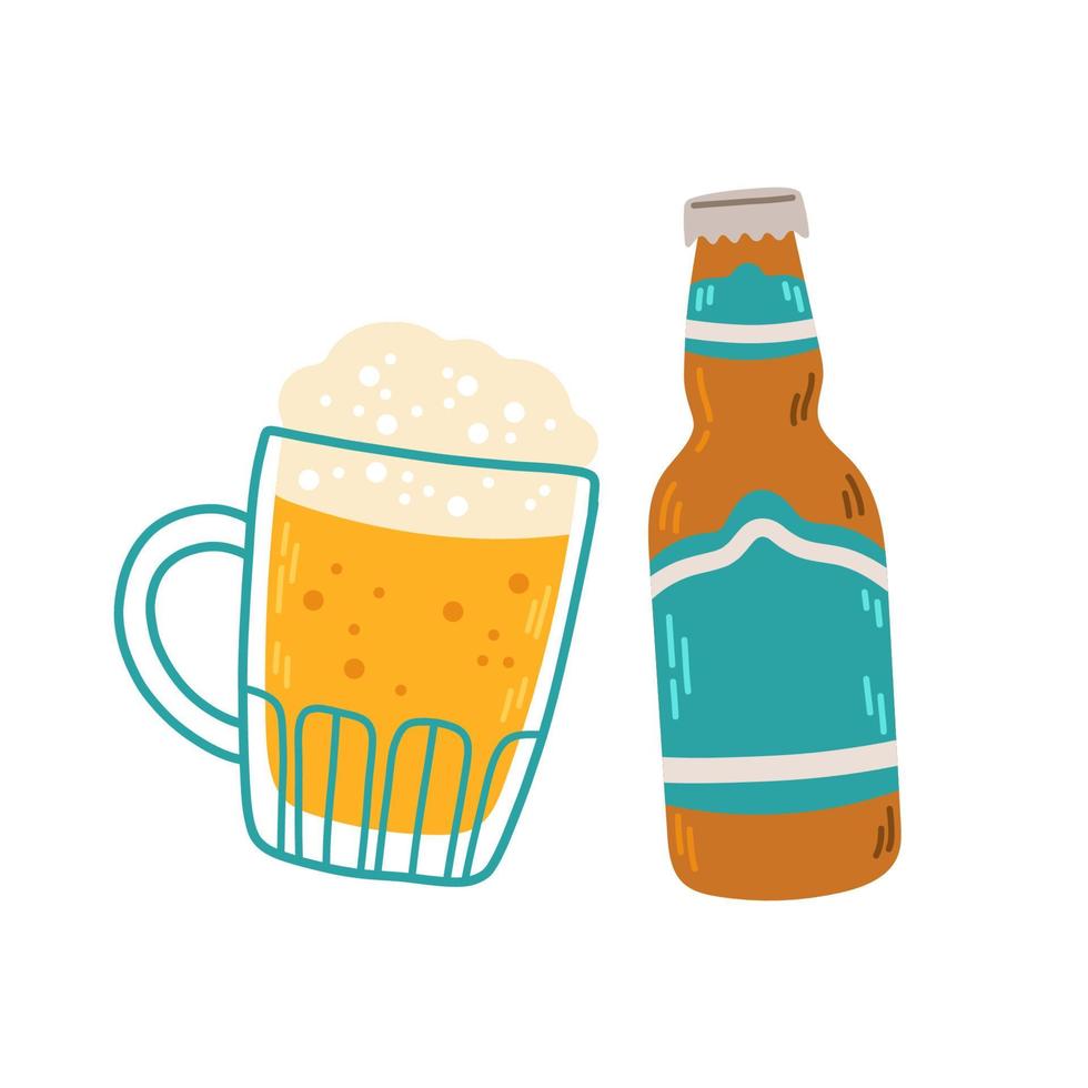 chope de bière et bouteille de bière ensemble clipart. illustration vectorielle vecteur