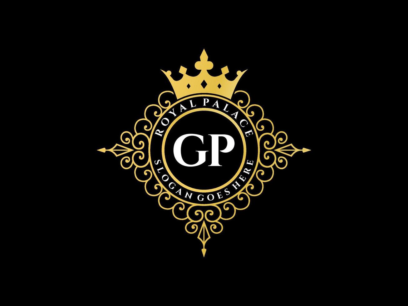 lettre gp logo victorien de luxe royal antique avec cadre ornemental. vecteur