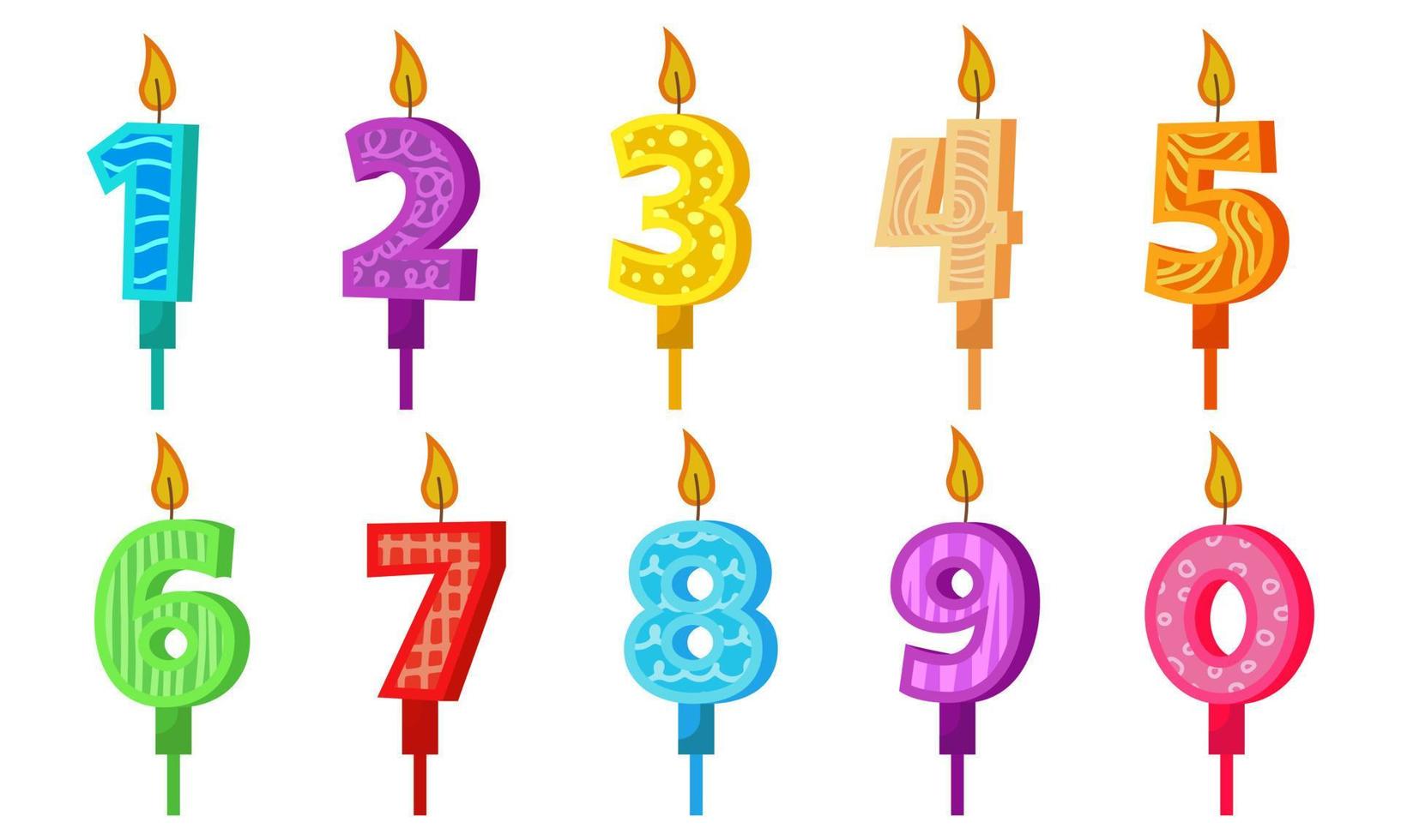 bougies d'anniversaire avec chiffres et feu. définir des icônes colorées pour l'anniversaire ou la fête. chandelle de vacances avec de la cire et une bougie de dessin animé drôle pour le gâteau. objet de collection zéro à neuf vecteur