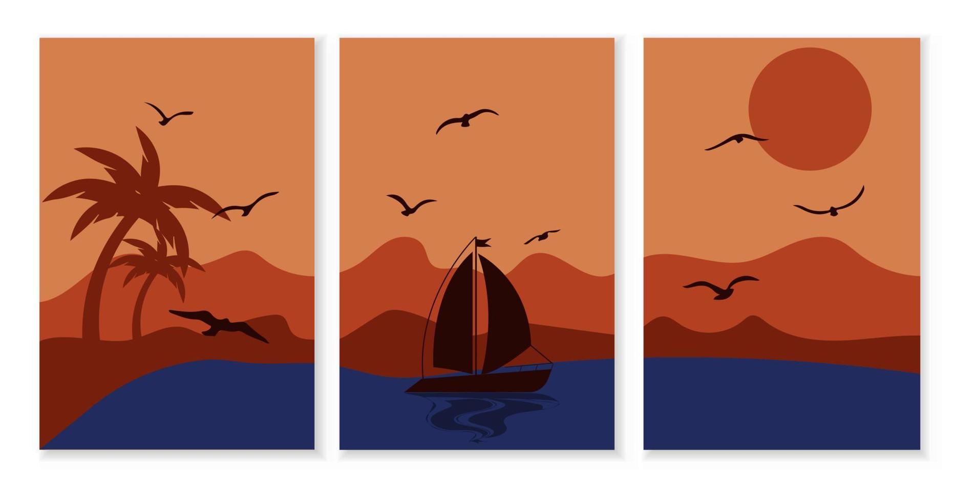 affiche abstraite, peinture, art avec mer, yacht, palmiers, mouettes et montagnes au coucher du soleil. illustration de stock de vecteur. vecteur