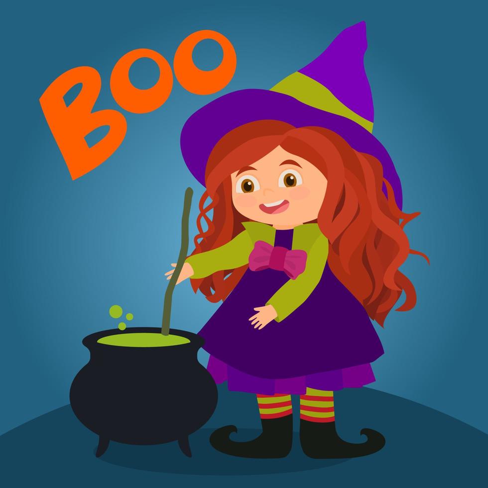 petite sorcière d'halloween préparant une potion vecteur