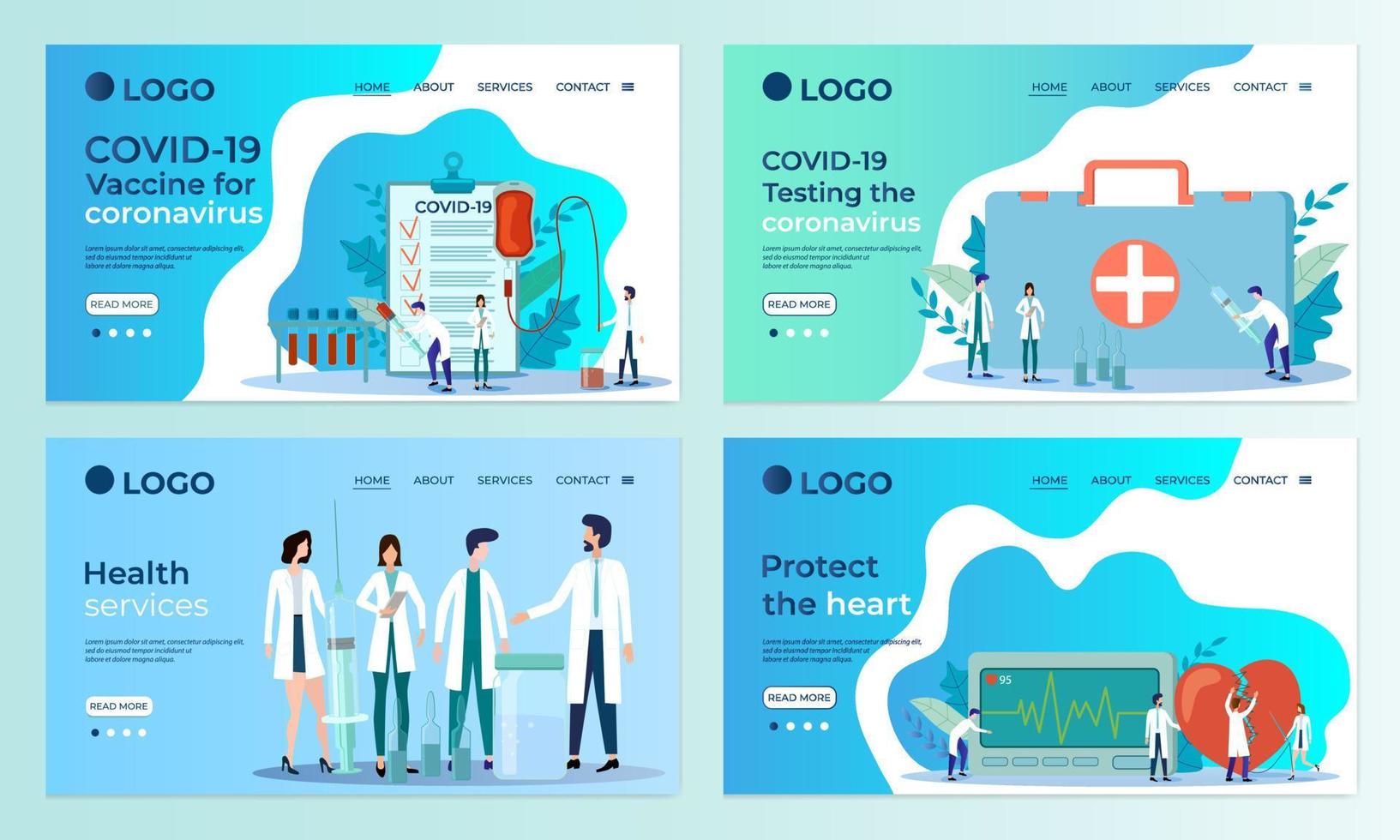 ensemble de modèles de page de destination. covid19, coronavirus, épidémie, tests cavitaires, vaccination.modèles à utiliser dans le développement d'applications mobiles.illustration vectorielle plate. vecteur