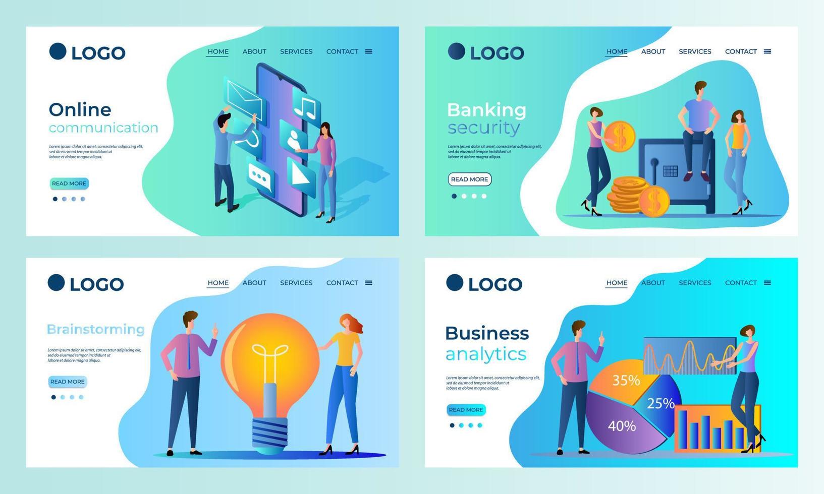 un ensemble de modèles de page de destination. communications en ligne, sécurité bancaire, remue-méninges, analyses commerciales. modèles à utiliser dans le développement d'applications mobiles. illustration vectorielle plate. vecteur
