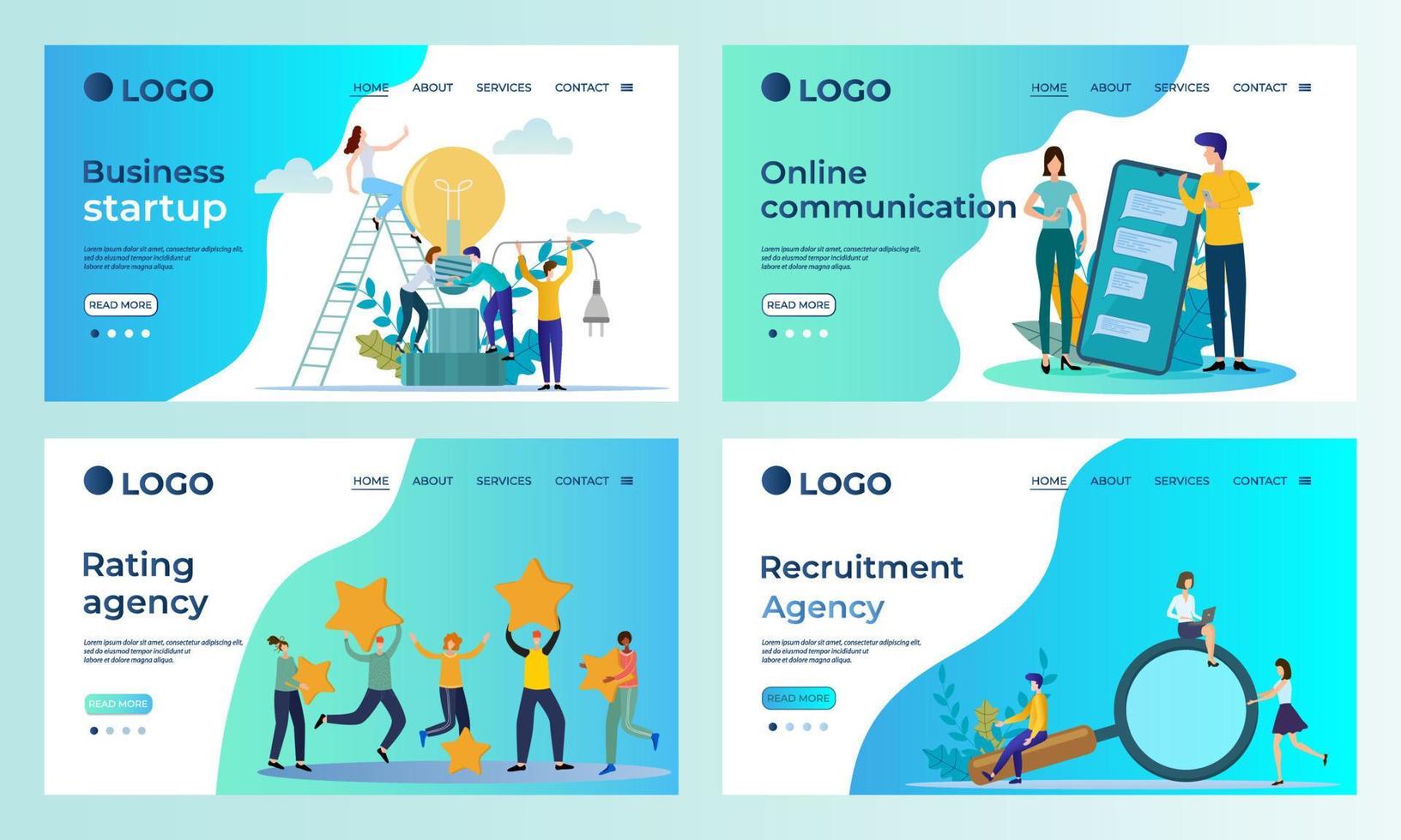 un ensemble de modèles de page de destination.démarrage d'entreprise, communication en ligne, agence de recrutement et de notation.modèles à utiliser dans le développement d'applications mobiles.illustration vectorielle plate. vecteur