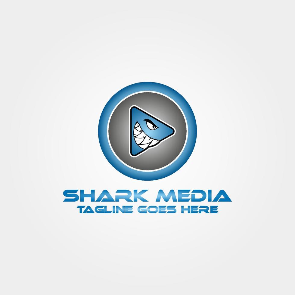 bouton de lecture de requin en colère bleu à l'intérieur du cercle création de logo vectoriel de style dessin animé pour magasin multimédia et application