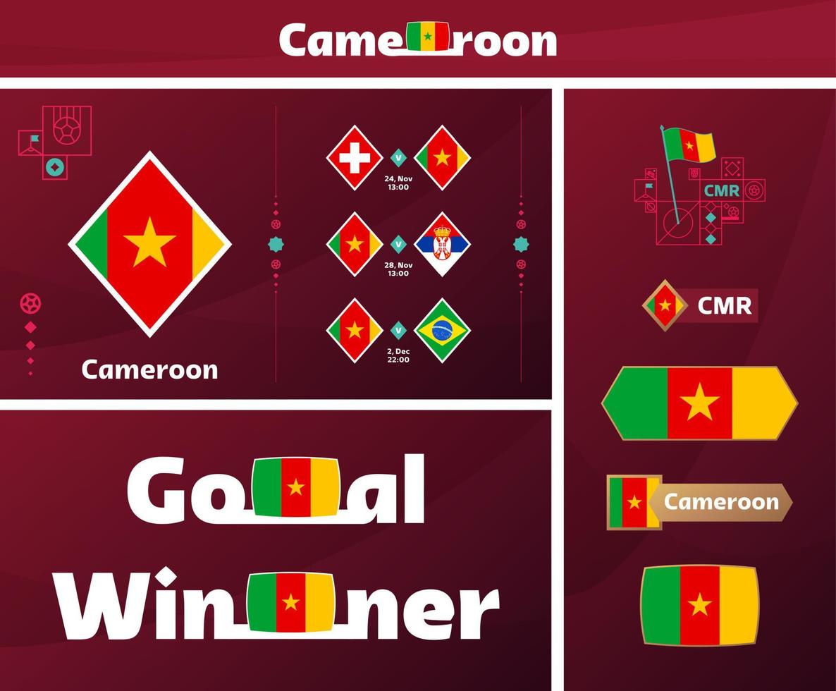 collection graphique du kit média de conception de l'équipe nationale du cameroun. Ensemble vectoriel d'éléments de conception de championnat du monde de football ou de football 2022. bannières, affiches, kit de médias sociaux, modèles, tableau de bord