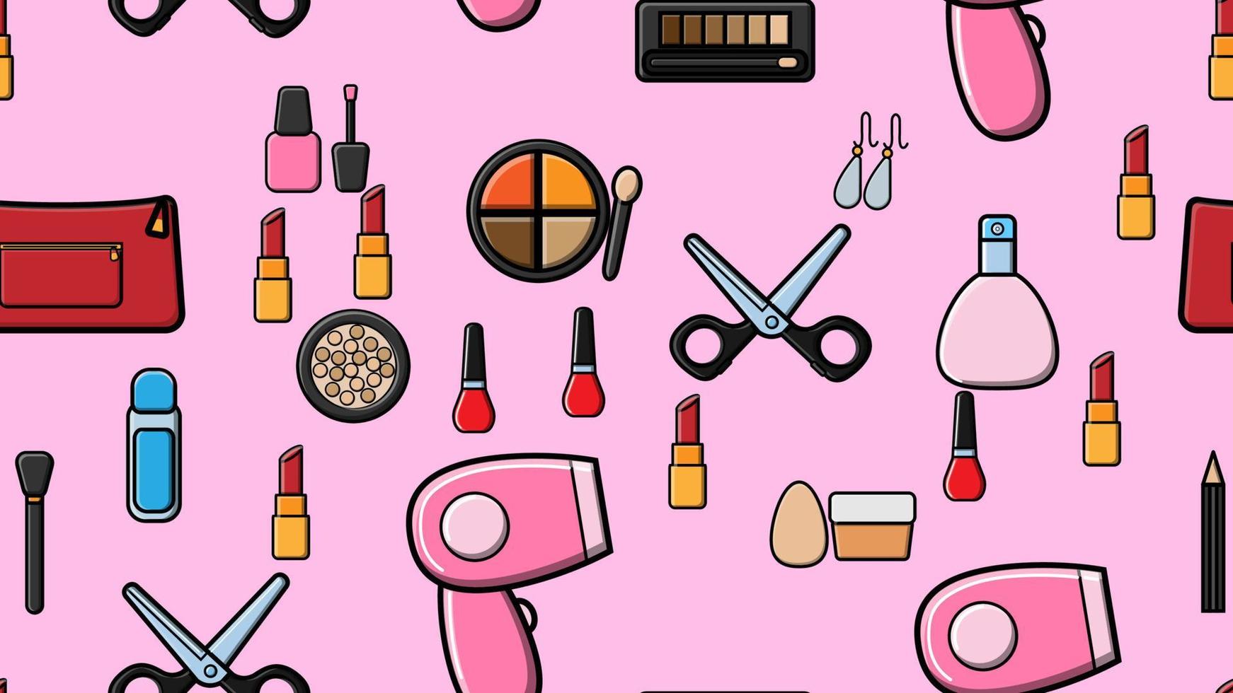 motif harmonieux sans fin de beaux articles de beauté de poudres à la mode glamour féminines, rouges à lèvres, vernis, crèmes, cosmétiques sur fond rose. illustration vectorielle vecteur