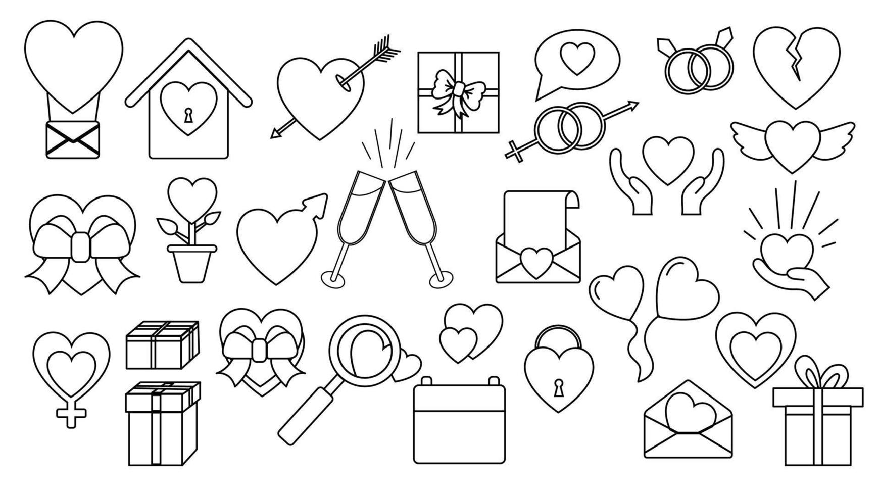 un ensemble de grandes icônes simples linéaires en noir et blanc de beaux coeurs, cadeaux, enveloppes, objets d'amour pour la fête de l'amour saint valentin le 14 février ou le 8 mars. illustration vectorielle vecteur
