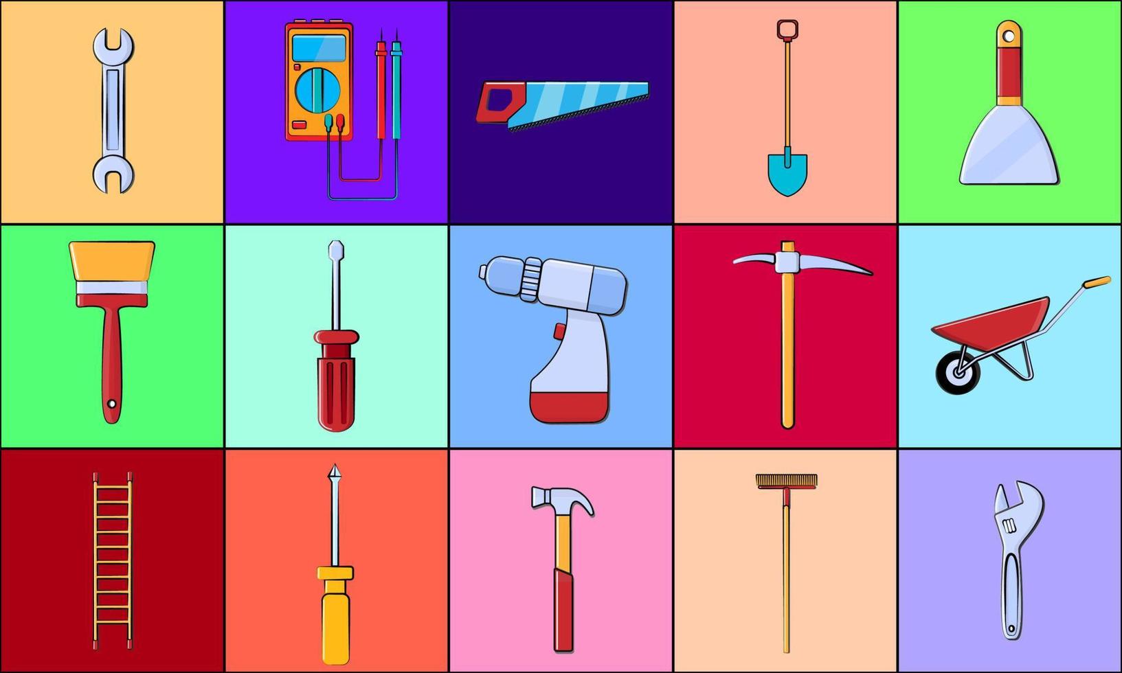 un grand nombre d'éléments d'icônes d'outils de construction pour les tournevis de réparation à domicile, les clés, les marteaux, les échelles, les vadrouilles, les pelles, les brosses sur fond de carrés multicolores. illustration vectorielle vecteur