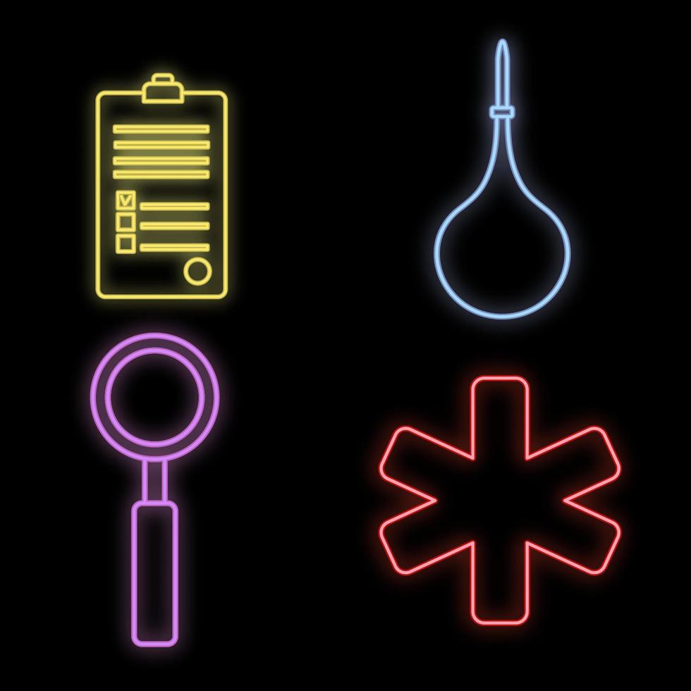 ensemble d'enseignes lumineuses lumineuses multicolores médicales au néon pour une pharmacie ou un magasin d'hôpital beau lavement d'ambulance en papier scientifique brillant sur fond noir. illustration vectorielle vecteur