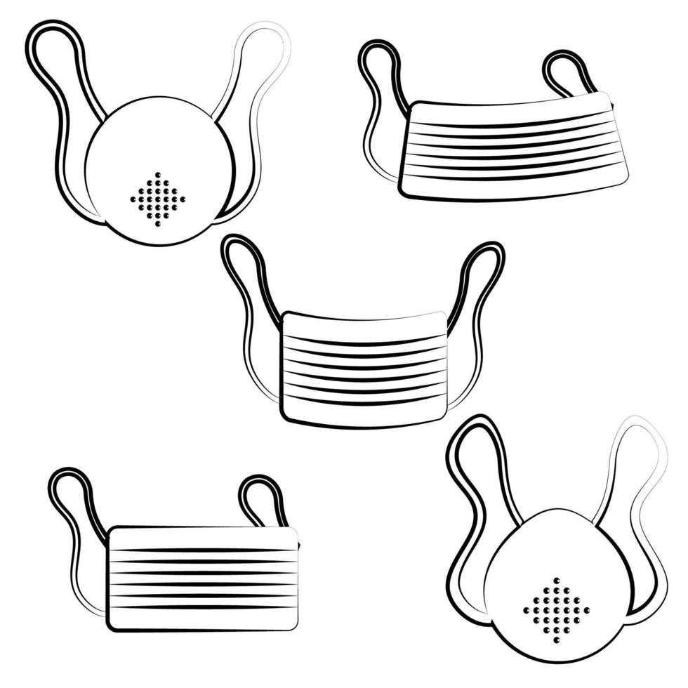 un ensemble d'icônes en noir et blanc de masques jetables médicaux en papier de gaze de protection pour les respirateurs de la souche virale dangereuse covid 019 maladie pandémique épidémique à coronavirus. illustration vectorielle vecteur