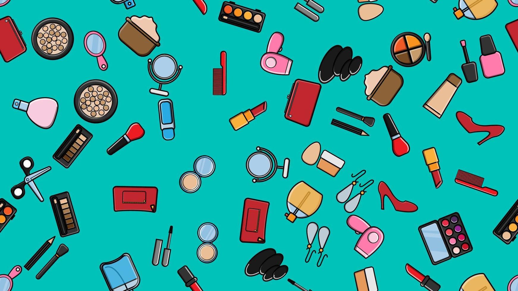 motif harmonieux sans fin de beaux articles de beauté de poudres à la mode glamour féminines, rouges à lèvres, vernis, crèmes, cosmétiques sur fond bleu. illustration vectorielle vecteur