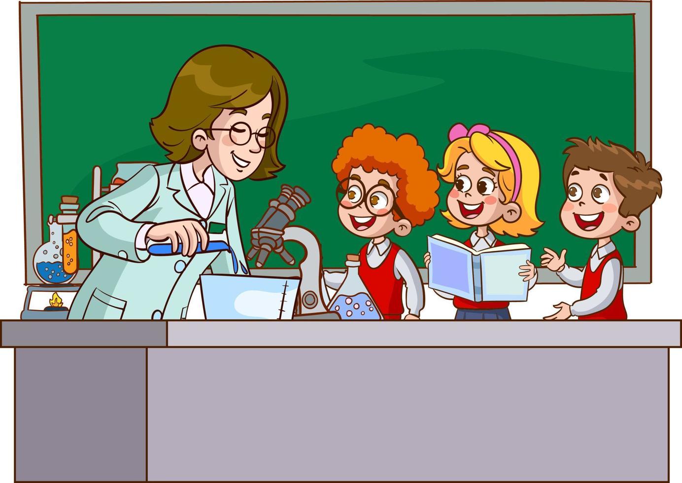 illustration vectorielle de conférence en classe de chimie. élèves de dessin animé et enseignant faisant des recherches en laboratoire. vecteur