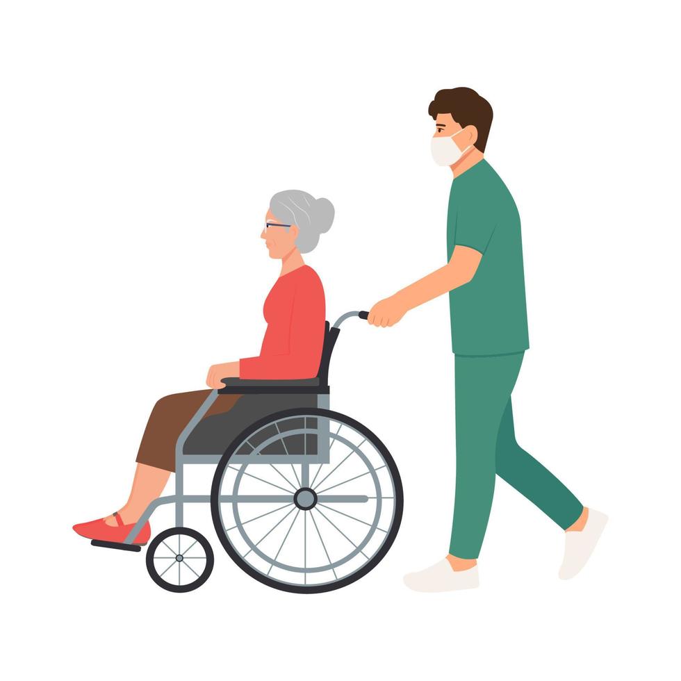 professionnel de la santé avec un patient en fauteuil roulant. le travailleur de la santé transporte une femme âgée. médecine, concept de soins de santé. illustration de style plat de vecteur isolé sur fond blanc.