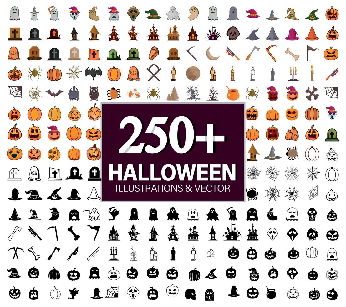 250 grandes collections de vecteurs d'illustration halloween avec clip art. conception d'éléments de sorcière, effrayants et effrayants pour les décorations, les icônes et les autocollants du jour d'halloween avec d'autres pièces d'halloween. vecteur