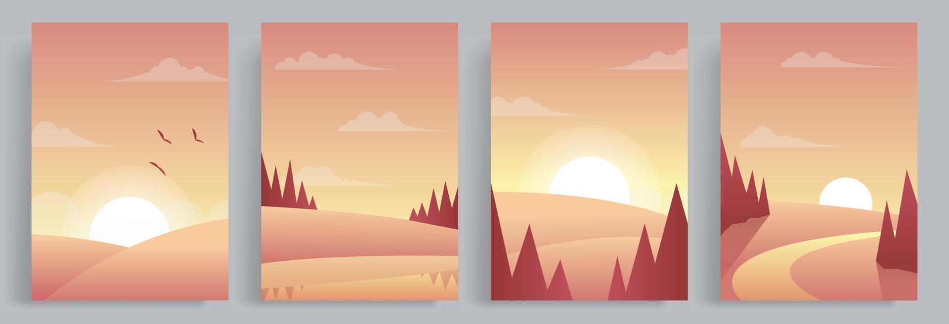 4 collections d'illustrations vectorielles automnales à l'ambiance chaleureuse, hygge et cosy. la vue sur la prairie et les pins avec en fond le coucher de soleil de l'après-midi. vecteur