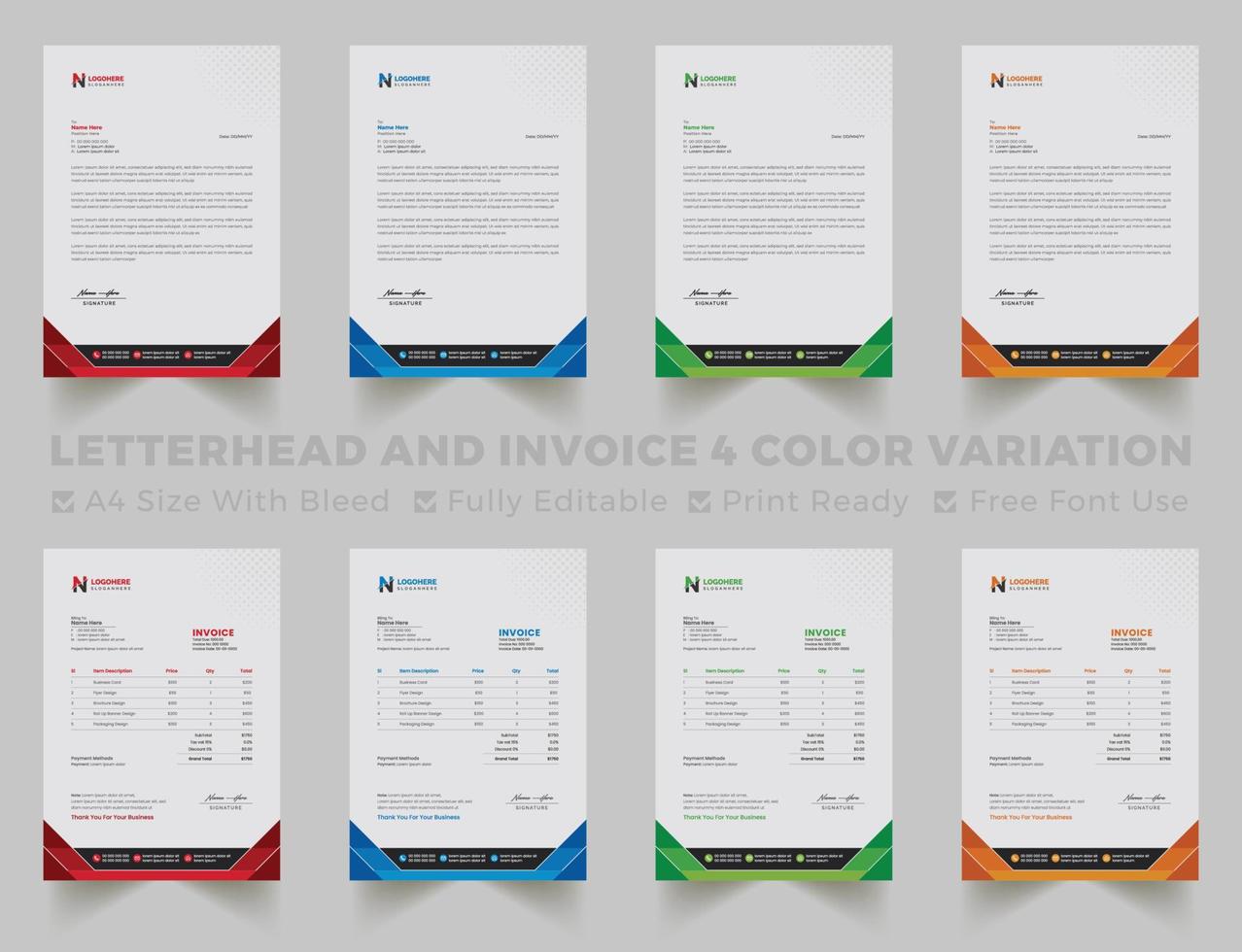 modèle de papier à en-tête et de facture d'entreprise polyvalent au format a4. modèle de conception de papier à en-tête et de facture moderne et créatif avec des couleurs bleues, vertes, rouges et jaunes. vecteur