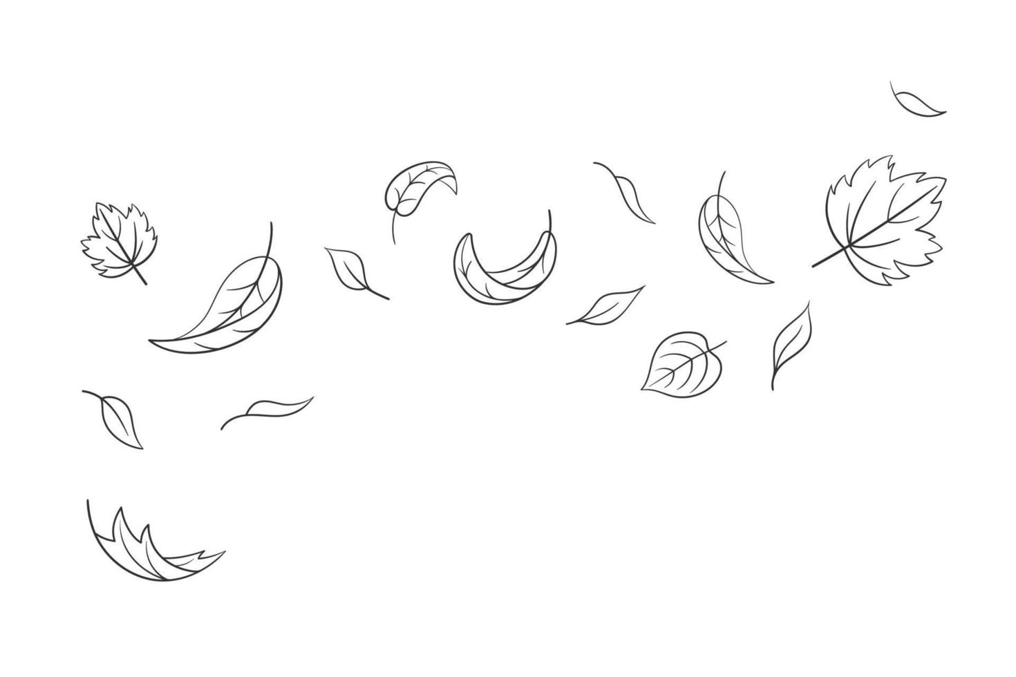 les feuilles tombent dans un style doodle, illustration vectorielle. onduler de l'air froid par temps venteux. contour de la feuille d'érable pour l'impression et la conception. élément noir isolé sur fond blanc. automne symbole nature vecteur