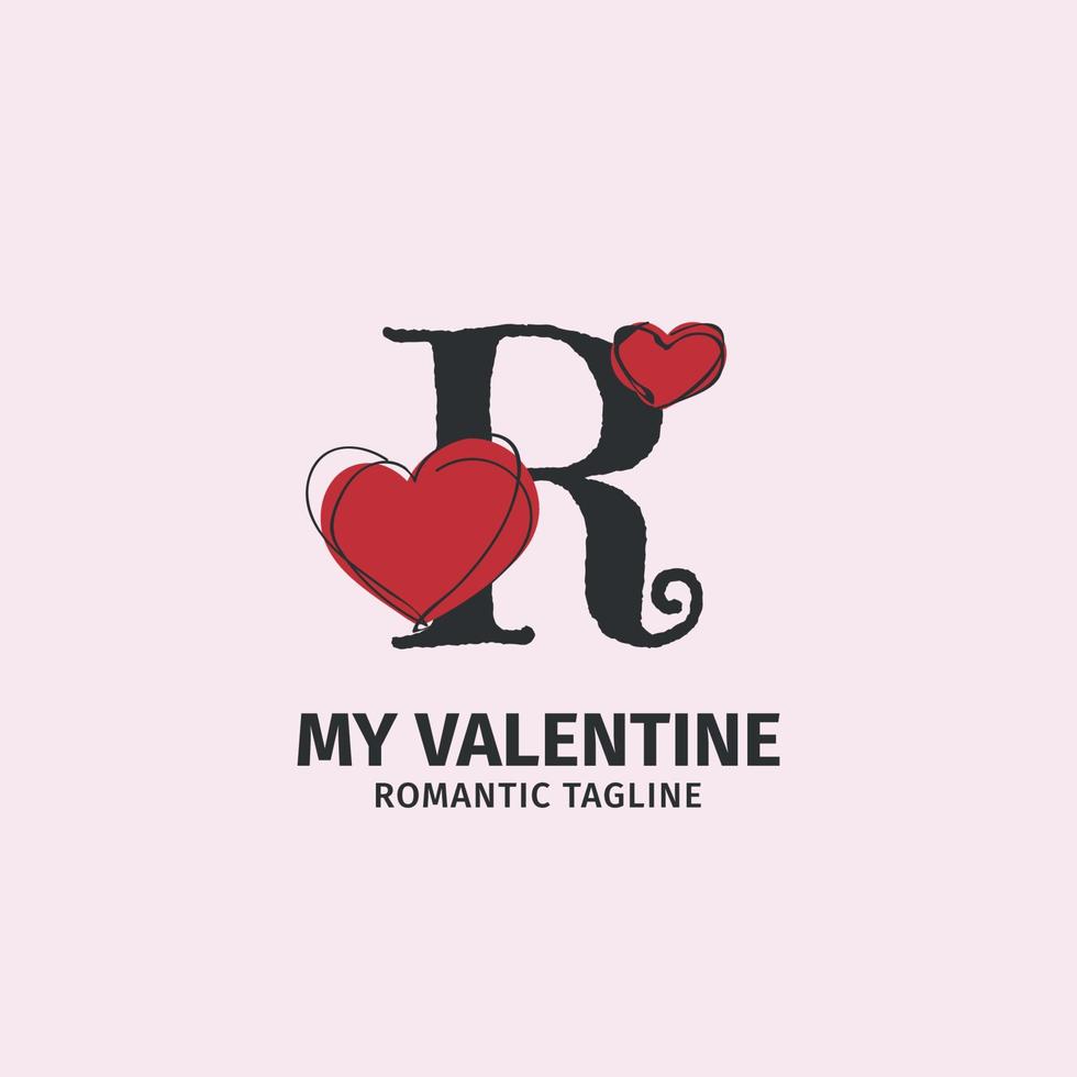lettre r avec un style de doodle mignon en forme de coeur pour une identité d'amant, une marque de cadeaux de la Saint-Valentin et un magasin de jouets pour filles vecteur