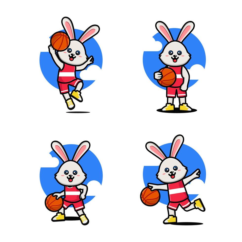 ensemble de lapin mignon heureux jouant au basket vecteur