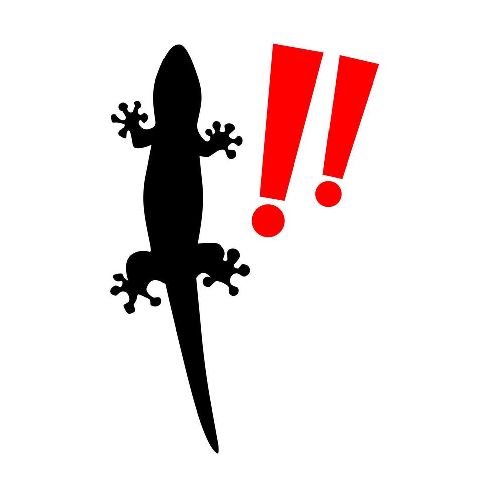 silhouette d'un lézard avec un point d'exclamation rouge. interdiction des lézards, danger des lézards, ne touchez pas aux lézards. isolé sur fond blanc. vecteur