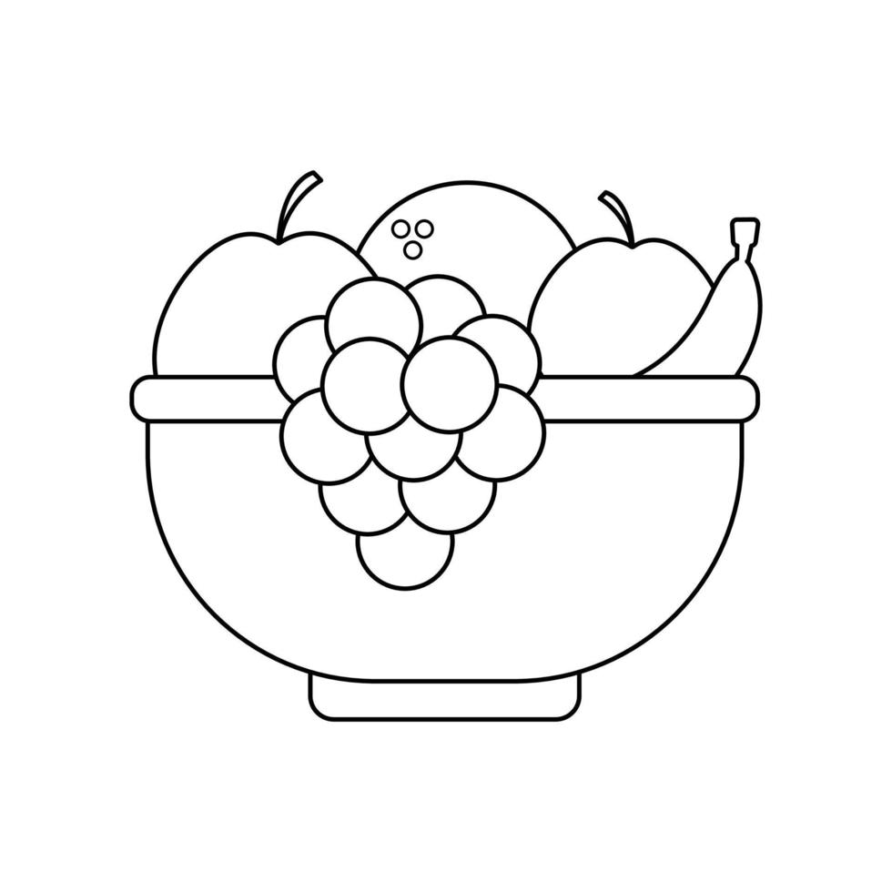 bol de fruits. icône linéaire vectorielle simple avec contour isolé sur fond blanc. contour dessin noir et blanc d'une assiette de fruits à colorier. raisin, pomme, banane, icône orange. vecteur
