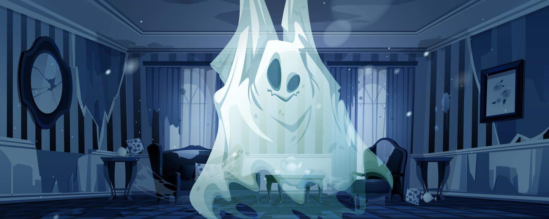 fantôme dans le salon abandonné de nuit, drôle de fantôme vecteur