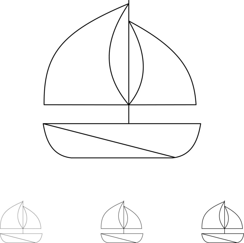 bateau de plage jeu d'icônes de ligne noire audacieuse et mince vecteur
