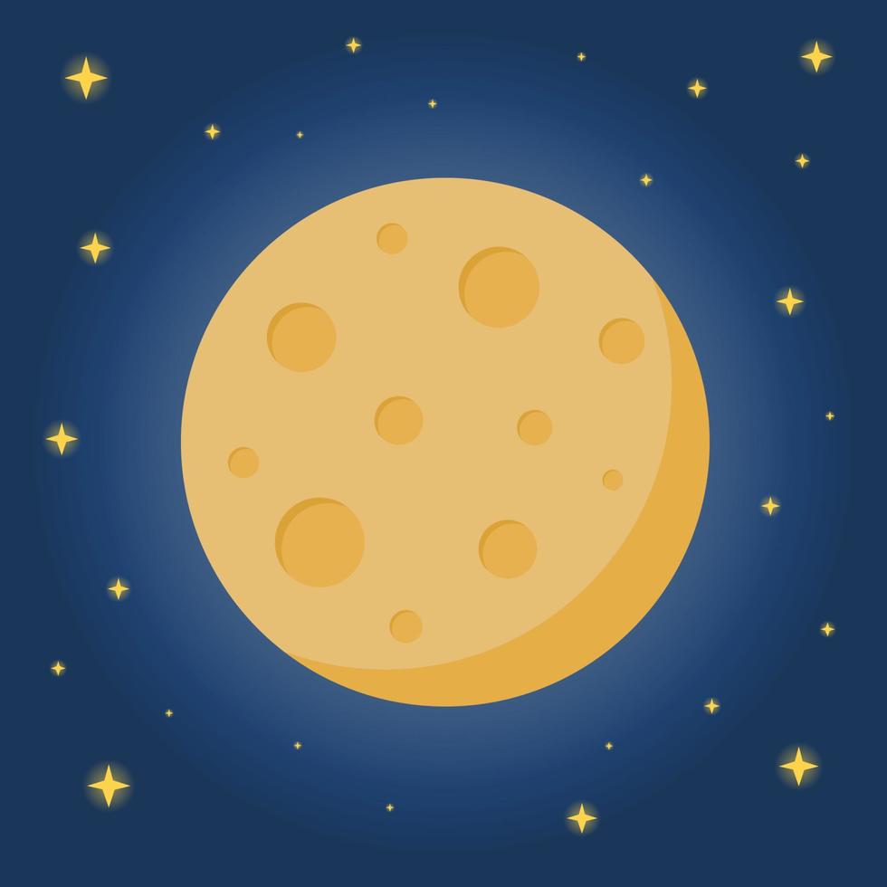 lune avec concept de design plat de cratères et d'étoiles. lune de nuit brillante avec illustration d'étoiles. illustration de stock de vecteur. vecteur