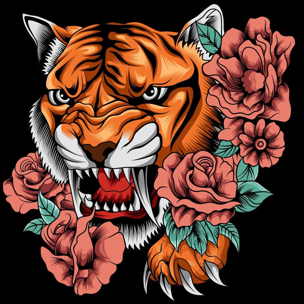 motif floral coloré avec roses et tigre vecteur