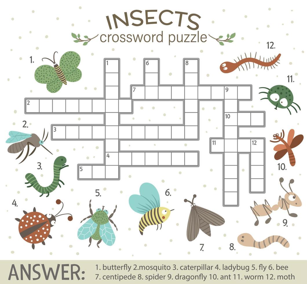 vecteur de mots croisés avec des insectes forestiers. quiz lumineux et coloré pour les enfants. activité éducative avec fourmi, chenille, papillon, libellule, chaud, abeille.