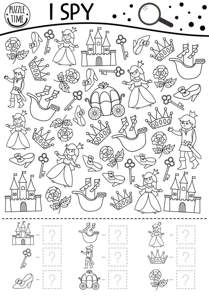 Fantaisie de conte de fées en noir et blanc j'espionne un jeu pour les enfants. recherche, activité de comptage avec château, princesse, prince. feuille de calcul ou coloriage à imprimer royaume magique. puzzle simple de conte de fées vecteur