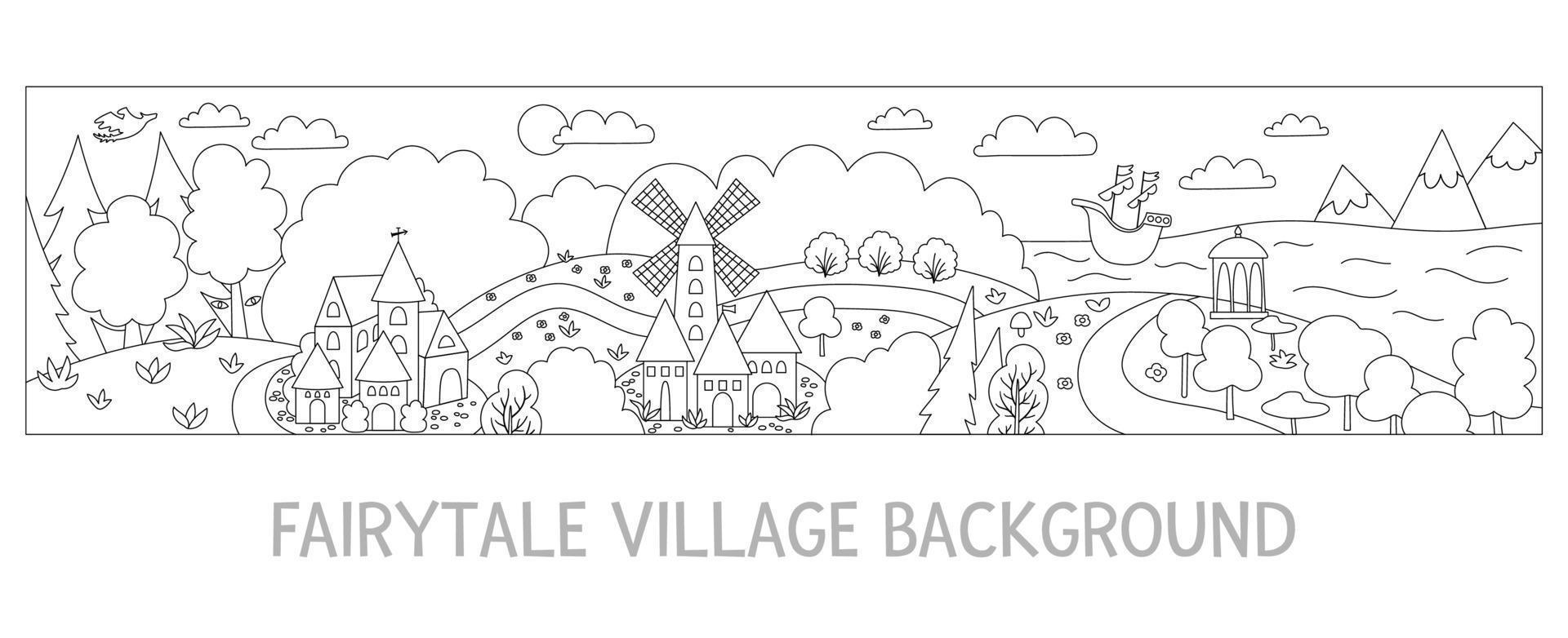 illustration vectorielle de royaume de conte de fées noir et blanc. paysage frontalier de village de ligne fantastique. mignon long fond de conte de fées magique horizontal ou coloriage avec moulin à vent, mer, forêt vecteur