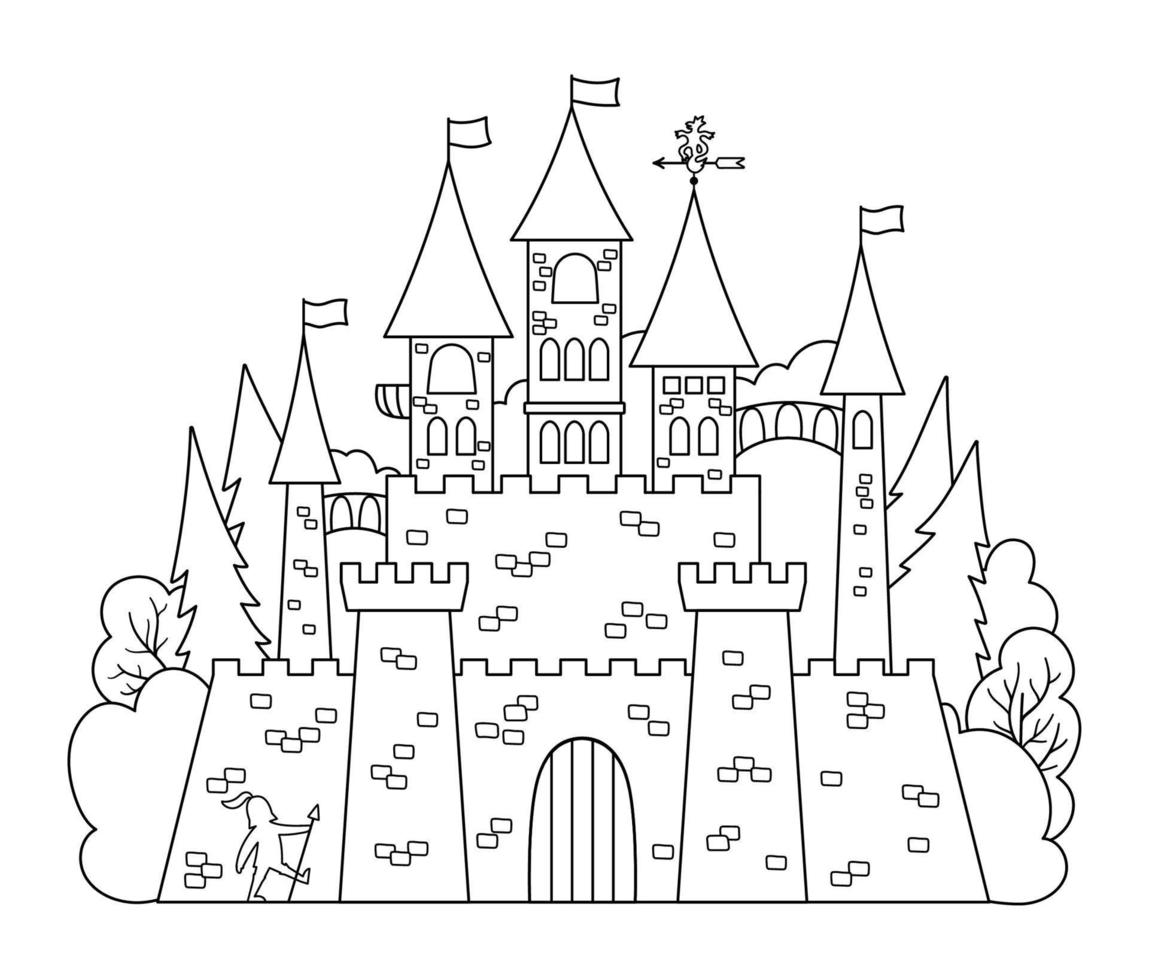 icône de château vecteur noir et blanc isolé sur fond blanc. image de la ligne du royaume magique. palais médiéval en pierre avec tours, drapeaux, portes. illustration ou coloriage de la maison du roi de conte de fées