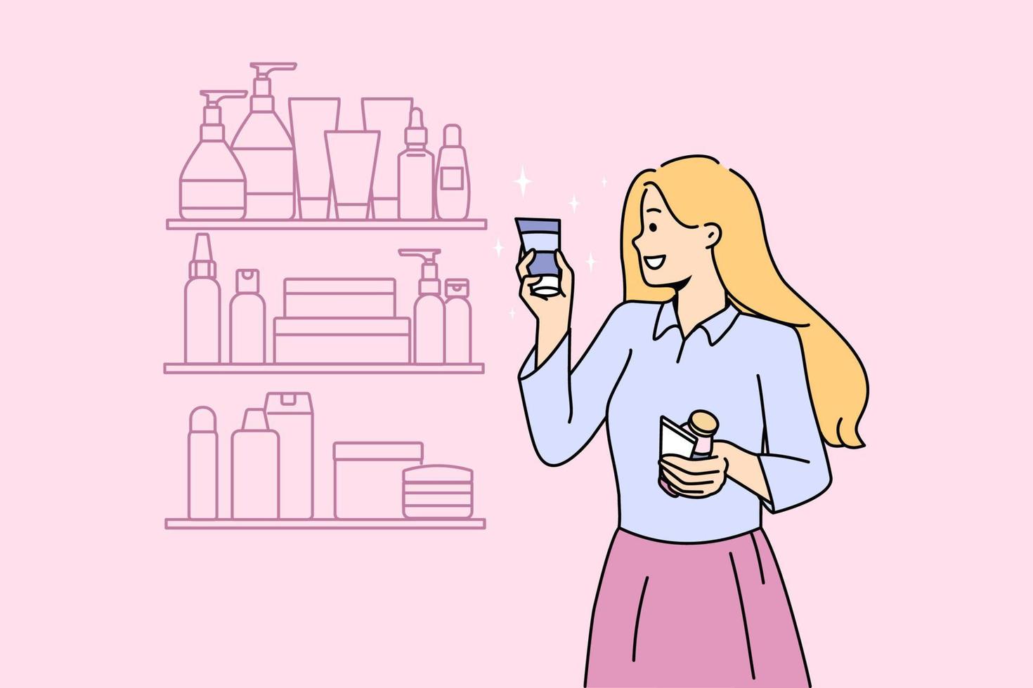 une fille souriante choisit un tube de produit de beauté dans l'étagère du magasin. une jeune femme heureuse achète une bouteille de cosmétique ou un parfum dans un magasin de cosmétologie. soins de la peau et soins du visage. illustration vectorielle. vecteur