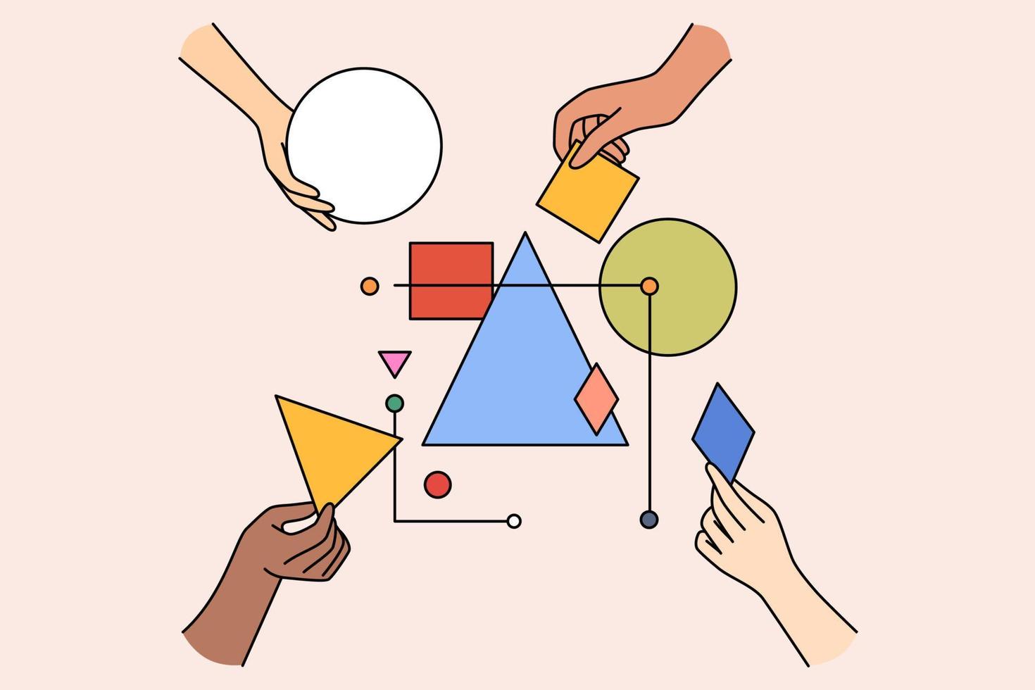 une équipe de travail multiethnique connecte des formes géométriques et des figures impliquées dans une activité de teambuilding. mains construisant le système ensemble. concept de partenariat et de travail d'équipe. illustration vectorielle. vecteur