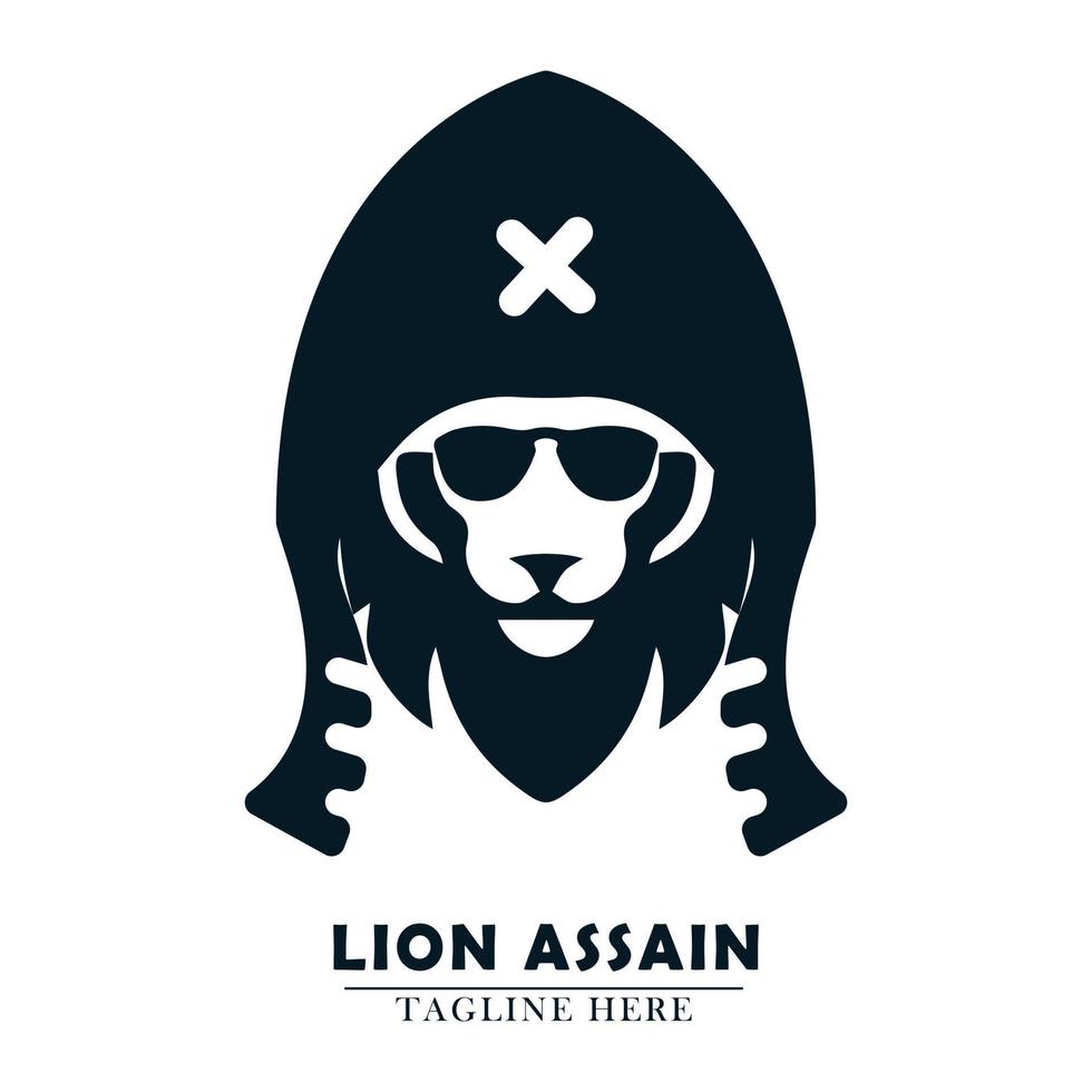 tête de lion portant une capuche et des lunettes de concept d'assassin icône du logo vecteur