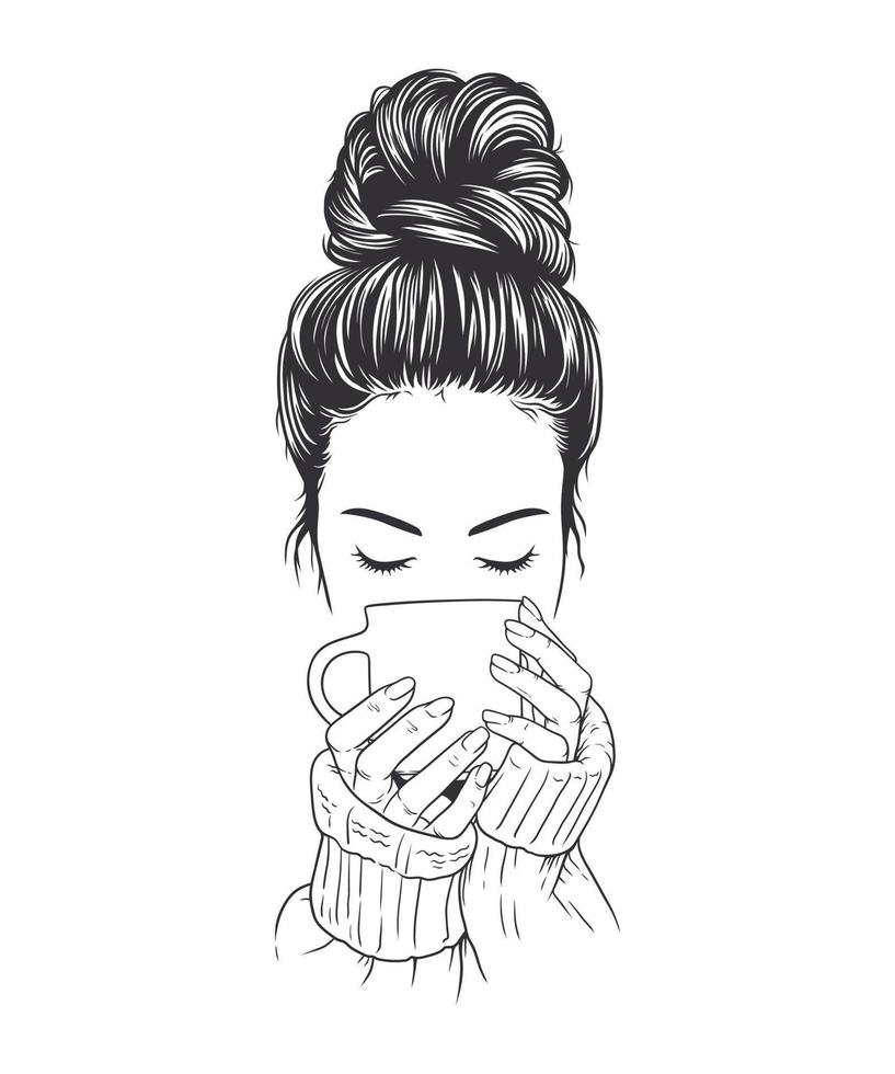 belle femme dans un pull en dégustant une tasse de café. illustration de vecteur ligne art