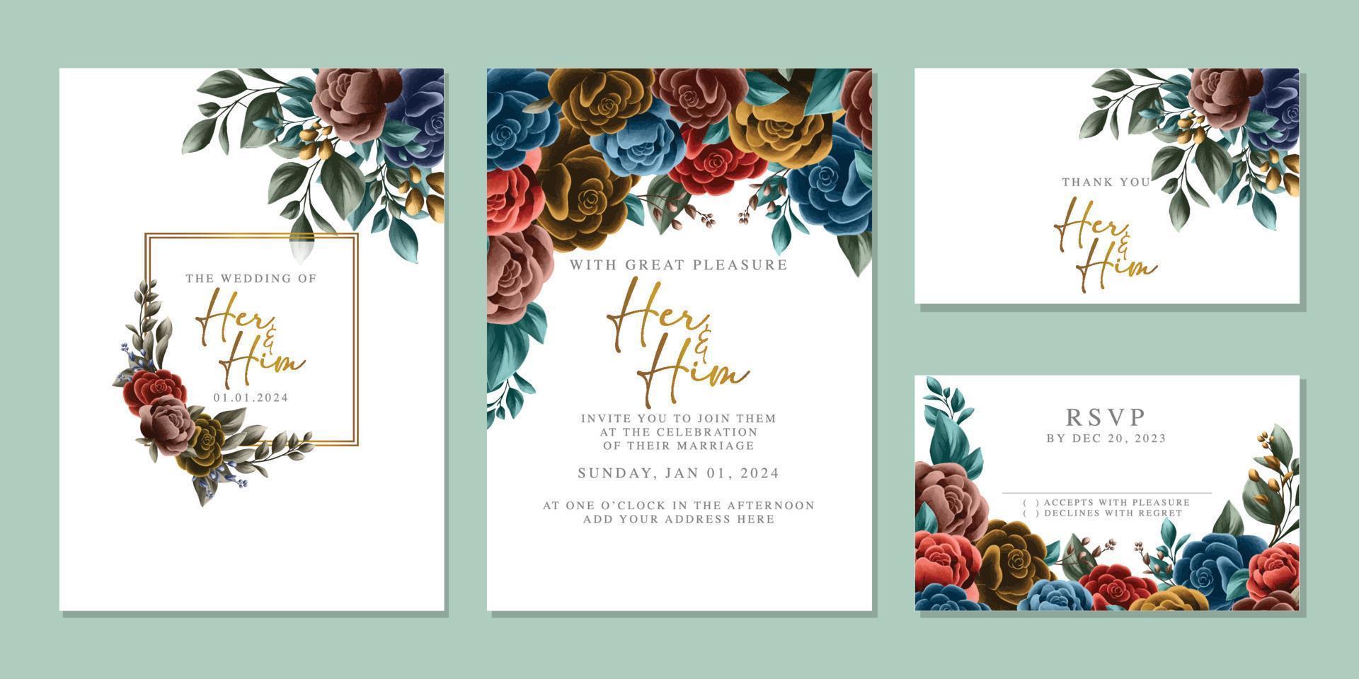 modèle de fond de carte d'invitation de mariage de belles fleurs de luxe vecteur