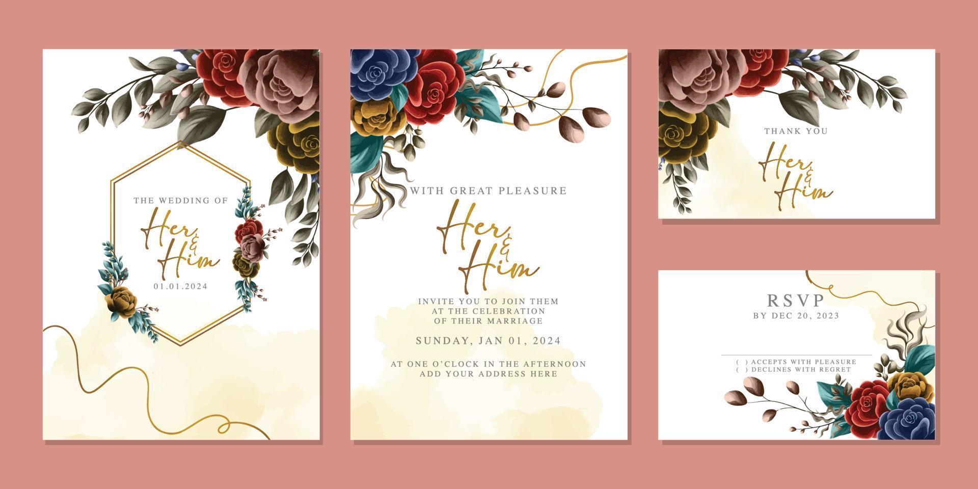 modèle de fond de carte d'invitation de mariage de belles fleurs de luxe vecteur